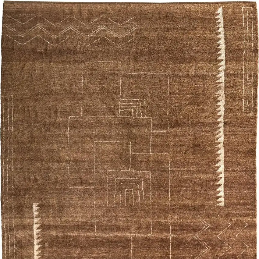 Brown And Ivory Wool Abstract Hand Knotted Distressed Area Rug Photo 5