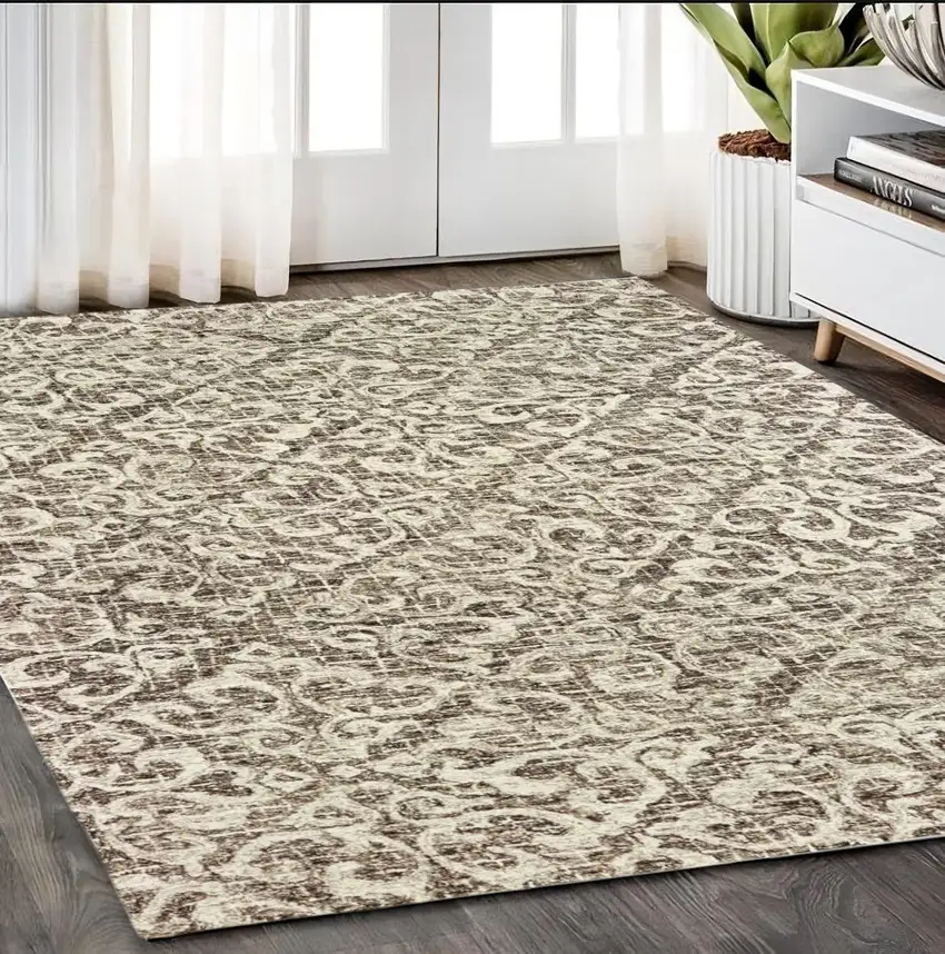 Brown And Ivory Wool Floral Hand Tufted Area Rug Photo 1