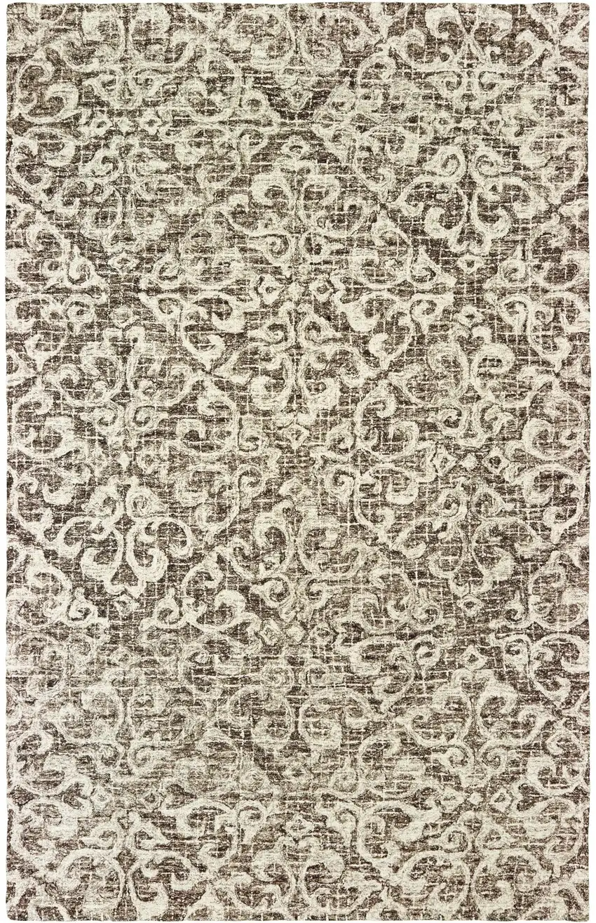 Brown And Ivory Wool Floral Hand Tufted Area Rug Photo 5