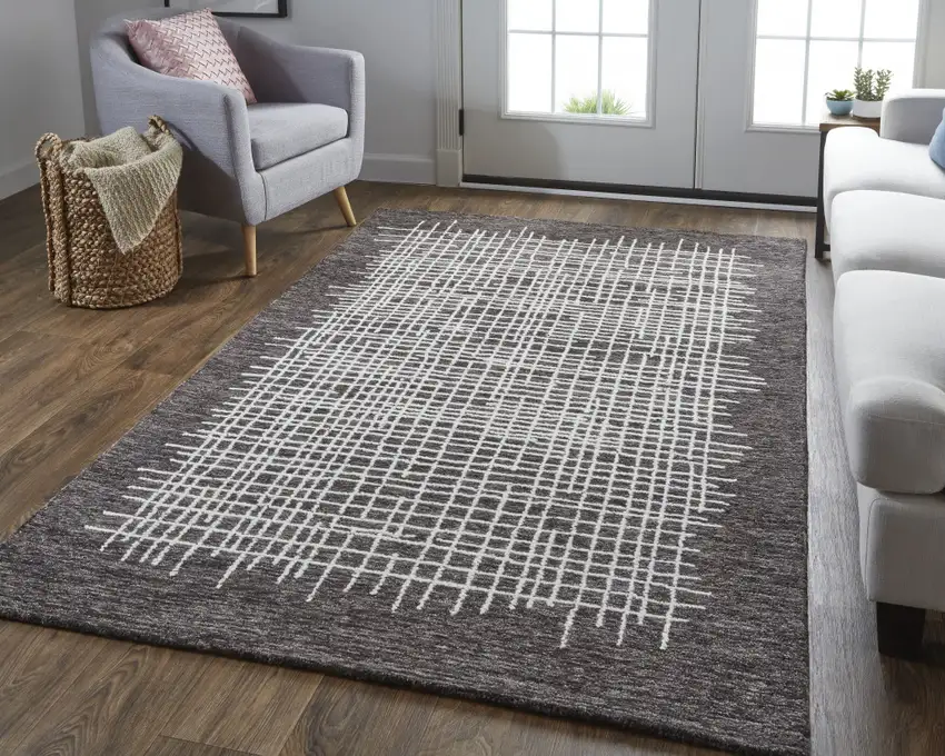 Brown And Ivory Wool Plaid Tufted Handmade Stain Resistant Area Rug Photo 7