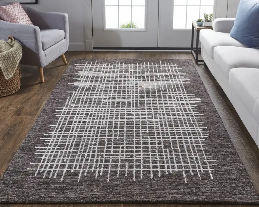 Brown And Ivory Wool Plaid Tufted Handmade Stain Resistant Area Rug Photo 6