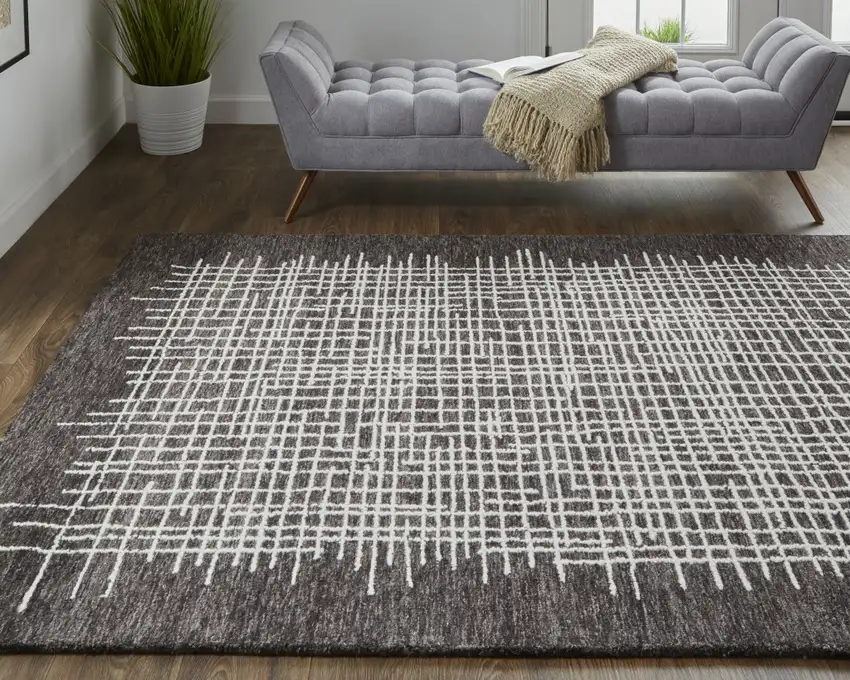 Brown And Ivory Wool Plaid Tufted Handmade Stain Resistant Area Rug Photo 4