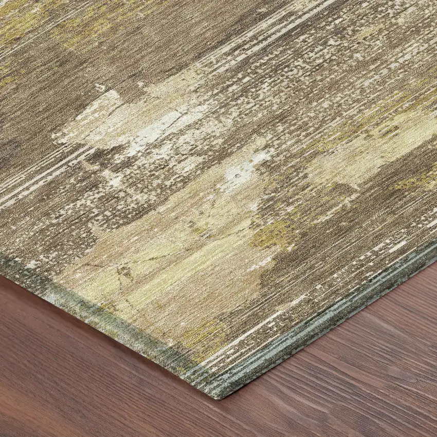 Brown And Khaki Abstract Washable Indoor Outdoor Area Rug Photo 4