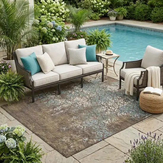 Brown And Khaki Oriental Washable Indoor Outdoor Area Rug Photo 1