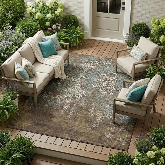 Brown And Khaki Oriental Washable Indoor Outdoor Area Rug Photo 1