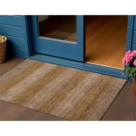 Brown And Khaki Striped Washable Indoor Outdoor Area Rug Photo 2
