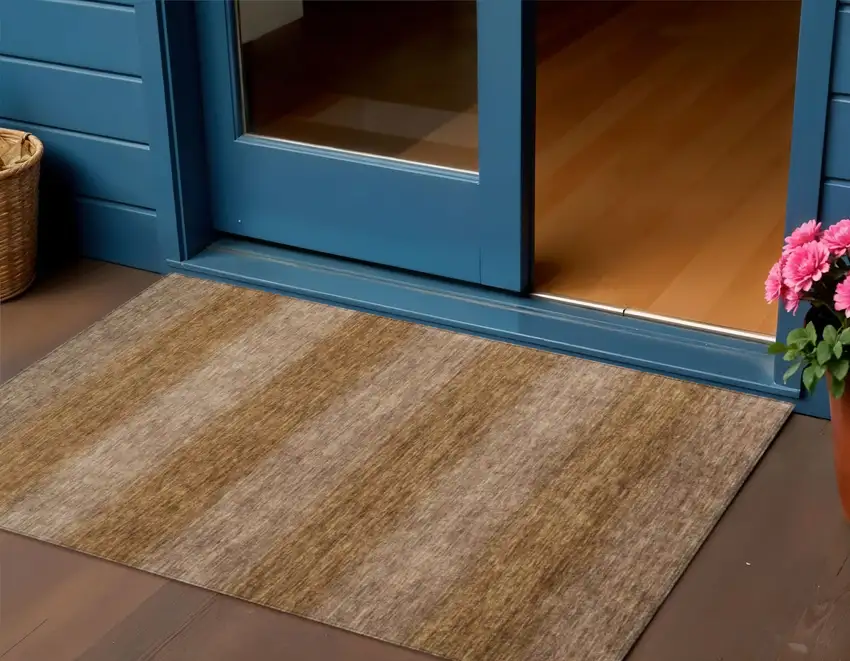 Brown And Khaki Striped Washable Indoor Outdoor Area Rug Photo 2