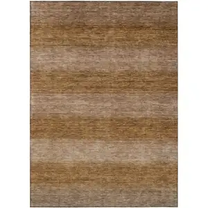 Photo of Brown And Khaki Striped Washable Indoor Outdoor Area Rug