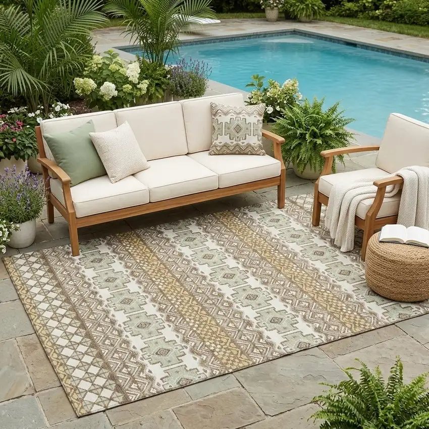 Brown And Khaki Striped Washable Indoor Outdoor Area Rug Photo 1