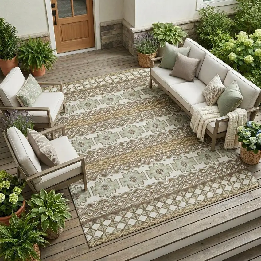 Brown And Khaki Striped Washable Indoor Outdoor Area Rug Photo 1