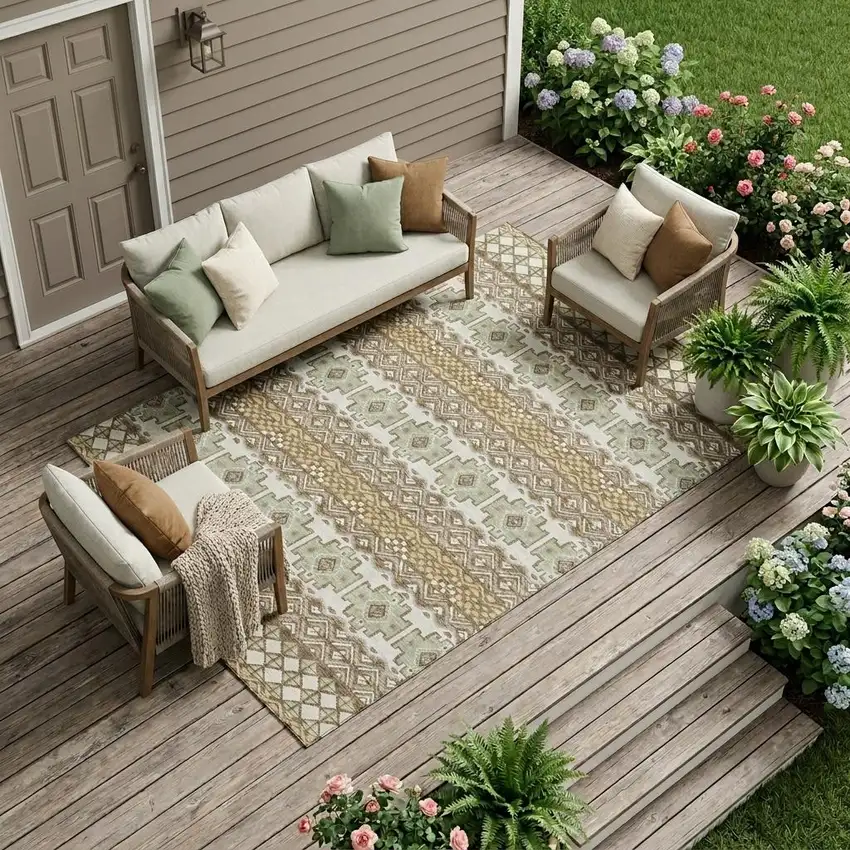 Brown And Khaki Striped Washable Indoor Outdoor Area Rug Photo 1