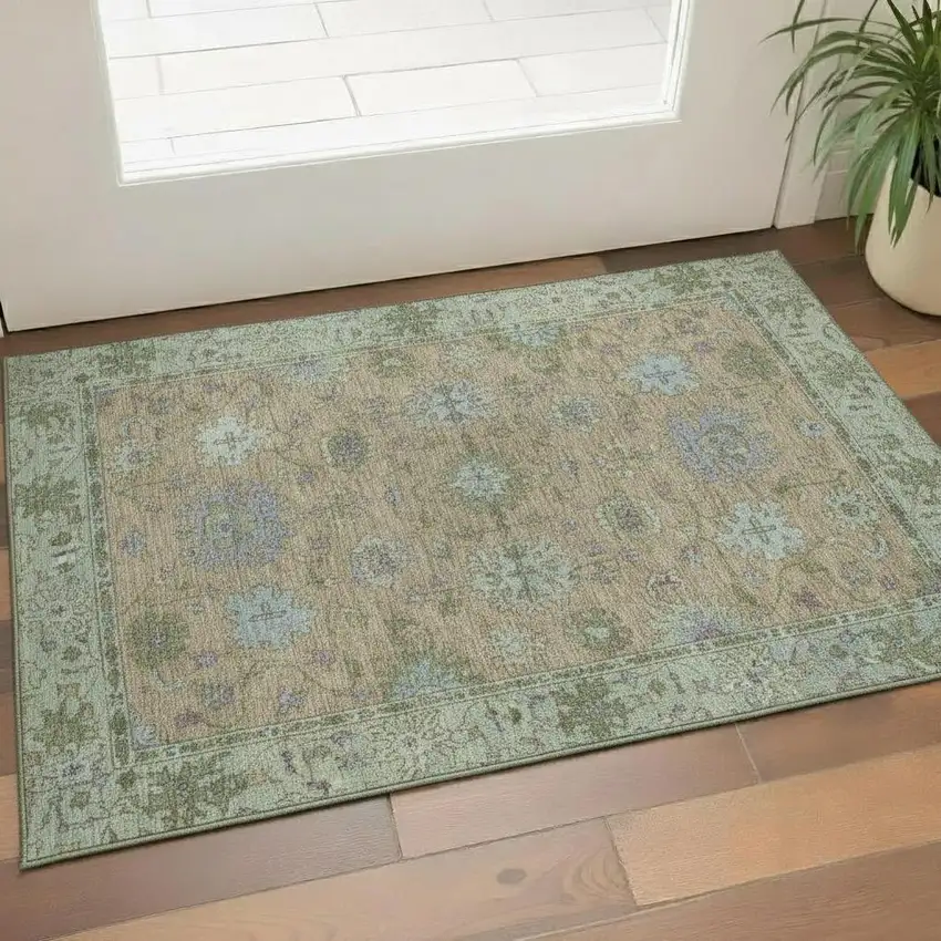 Brown And Lavender Oriental Washable Area Rug With UV Protection Photo 2