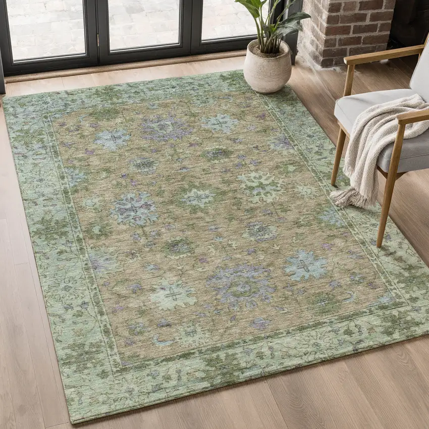 Brown And Lavender Oriental Washable Area Rug With UV Protection Photo 5