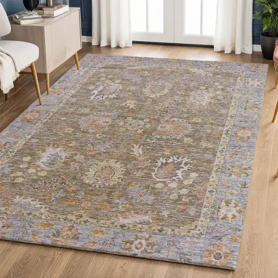 Brown And Lavender Oriental Washable Area Rug With UV Protection Photo 6