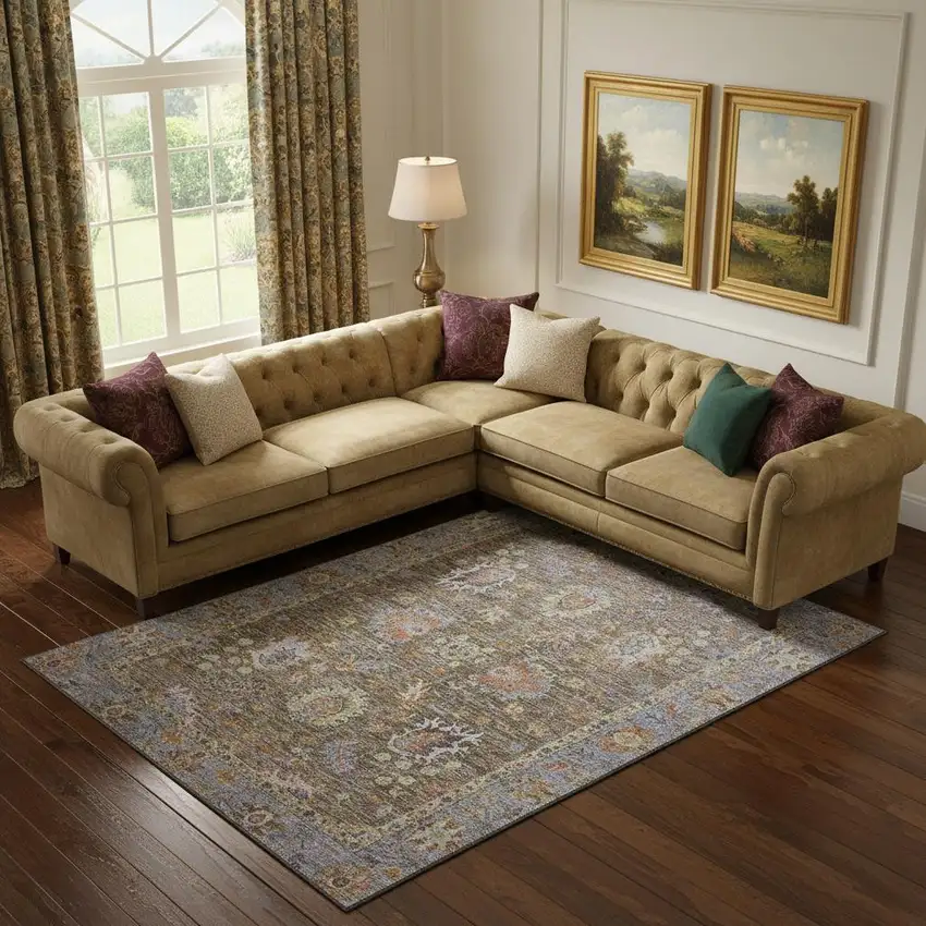 Brown And Lavender Oriental Washable Area Rug With UV Protection Photo 2