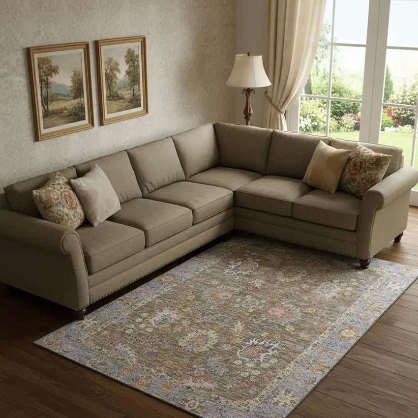 Brown And Lavender Oriental Washable Area Rug With UV Protection Photo 2