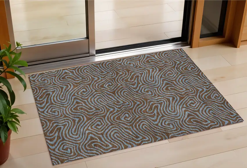 Brown And Light Blue Abstract Washable Indoor Outdoor Area Rug Photo 1