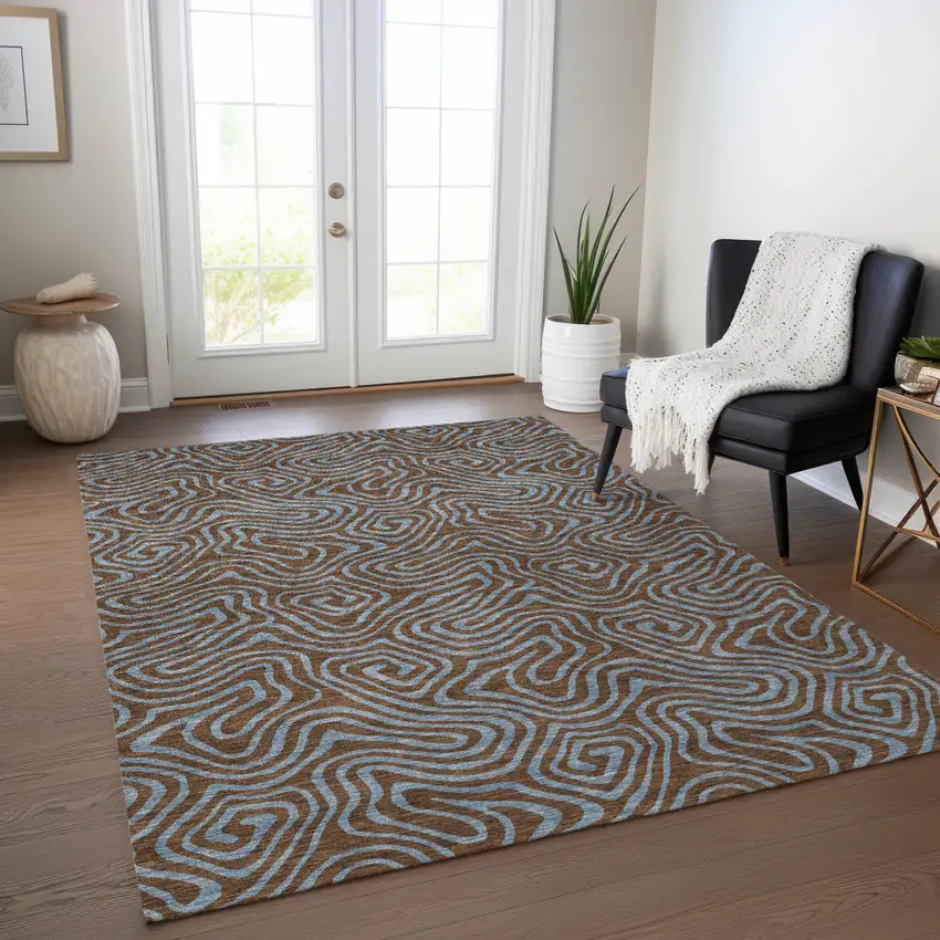 Brown And Light Blue Abstract Washable Indoor Outdoor Area Rug Photo 9