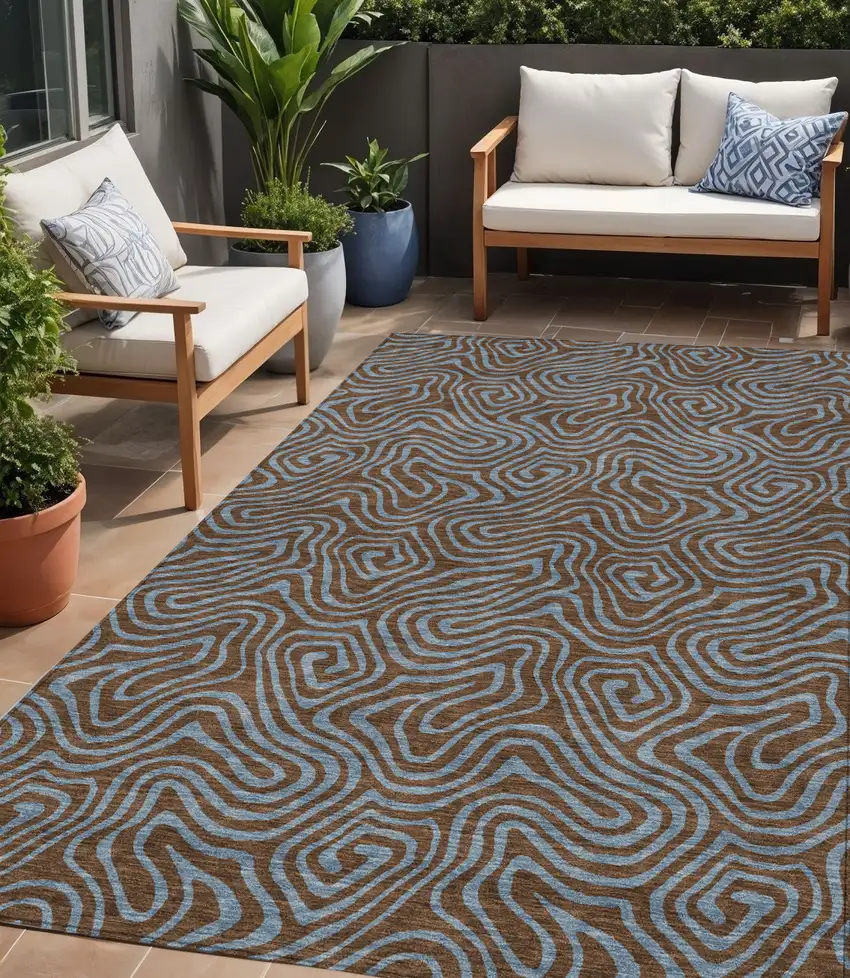 Brown And Light Blue Abstract Washable Indoor Outdoor Area Rug Photo 1