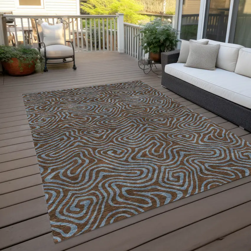 Brown And Light Blue Abstract Washable Indoor Outdoor Area Rug Photo 9