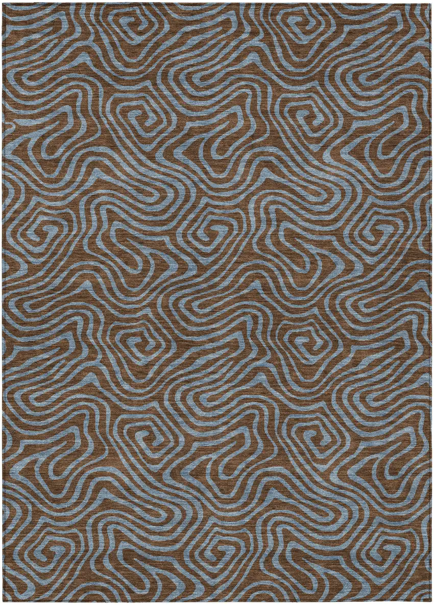 Brown And Light Blue Abstract Washable Indoor Outdoor Area Rug Photo 2