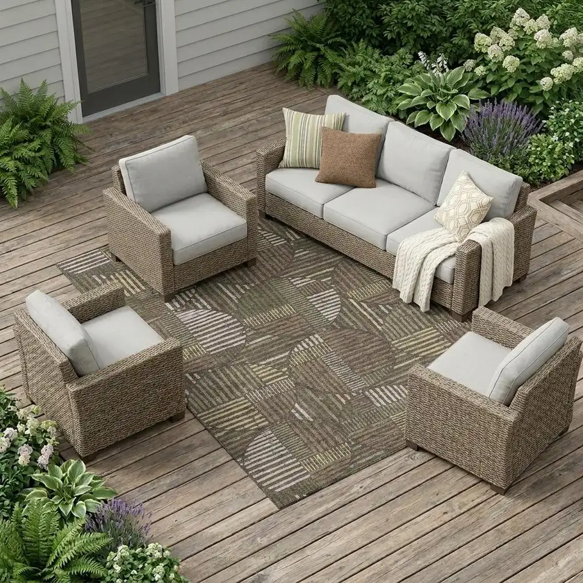 Brown And Linen Geometric Washable Indoor Outdoor Area Rug Photo 1