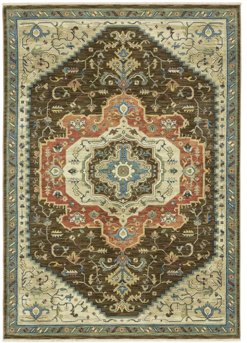 Brown And Orange Oriental Area Rug With Fringe Photo 9