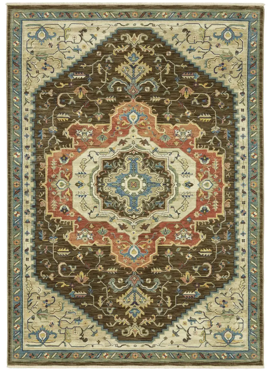 Brown And Orange Oriental Area Rug With Fringe Photo 2
