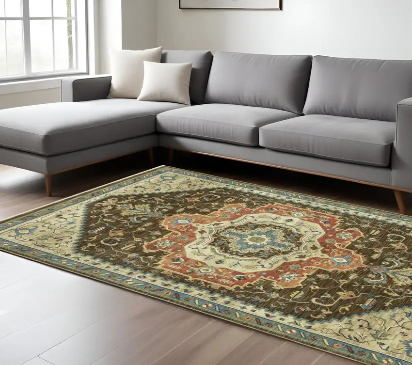 Brown And Orange Oriental Area Rug With Fringe Photo 1