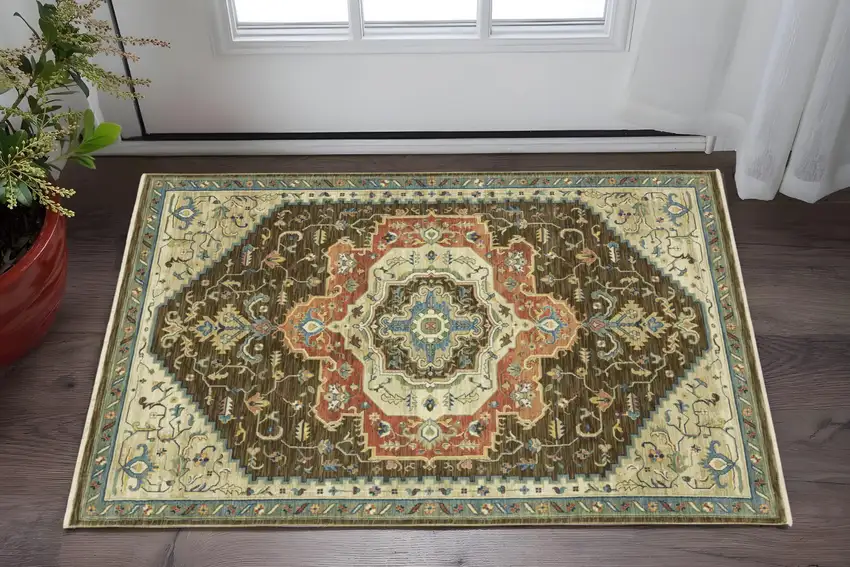 Brown And Orange Oriental Area Rug With Fringe Photo 1