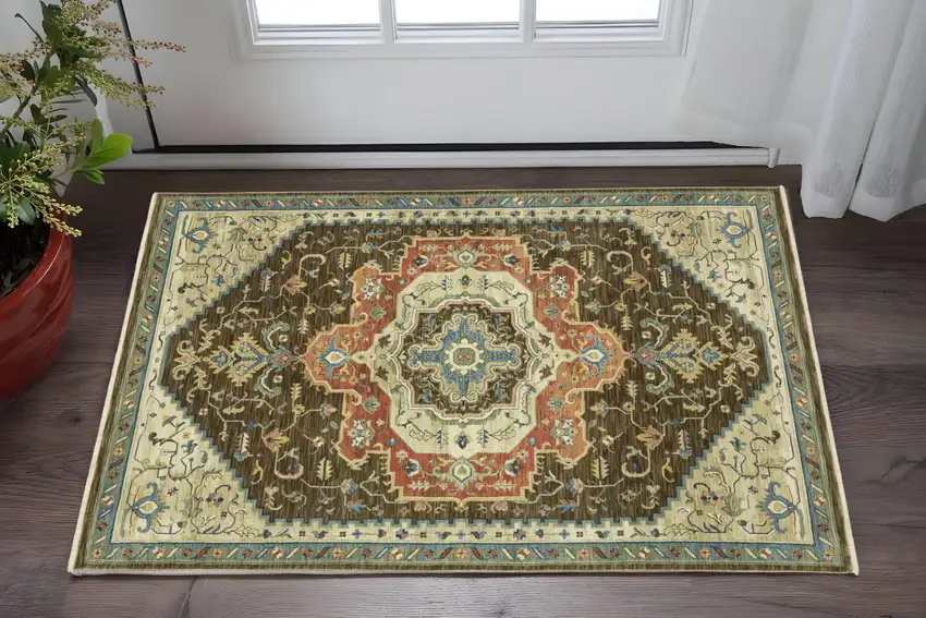 Brown And Orange Oriental Area Rug With Fringe Photo 1