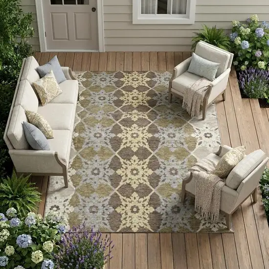 Brown And Pewter Floral Medallion Washable Indoor Outdoor Area Rug Photo 1