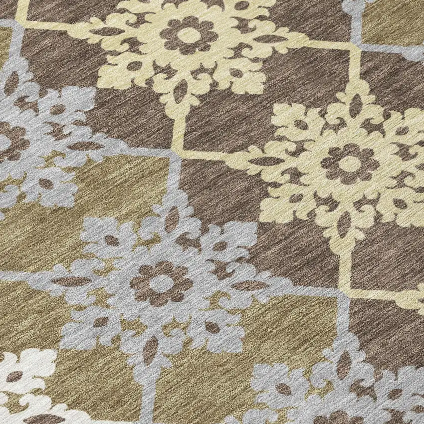 Brown And Pewter Floral Medallion Washable Indoor Outdoor Area Rug Photo 4