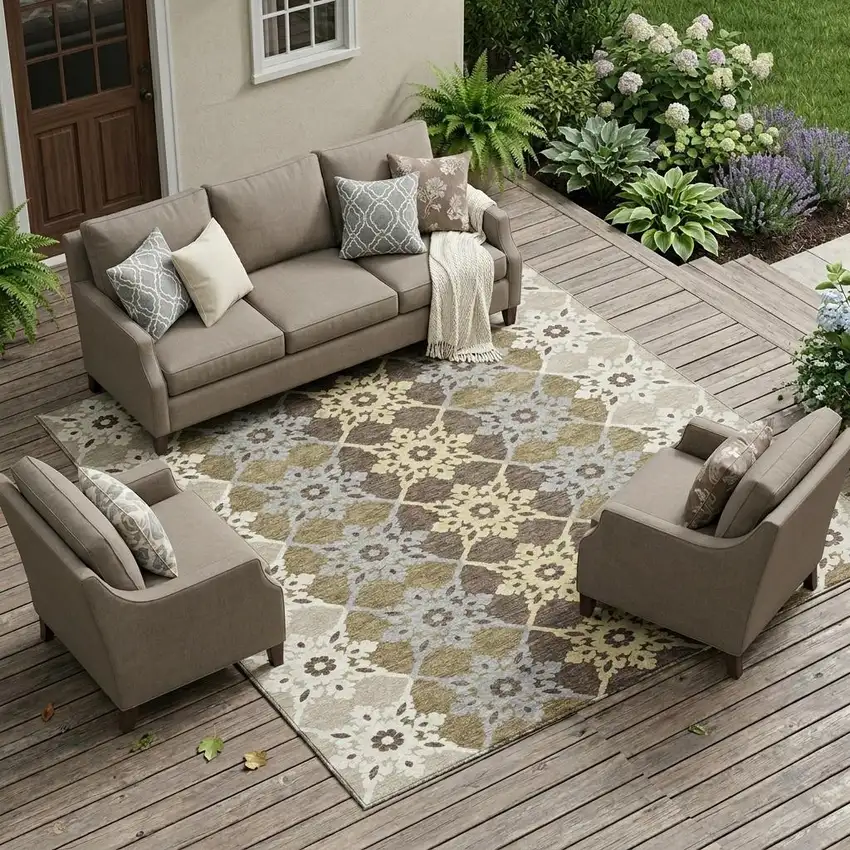 Brown And Pewter Floral Medallion Washable Indoor Outdoor Area Rug Photo 1