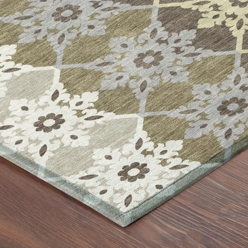 Brown And Pewter Floral Medallion Washable Indoor Outdoor Area Rug Photo 3