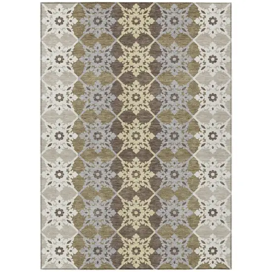 Brown And Pewter Floral Medallion Washable Indoor Outdoor Area Rug Photo 2