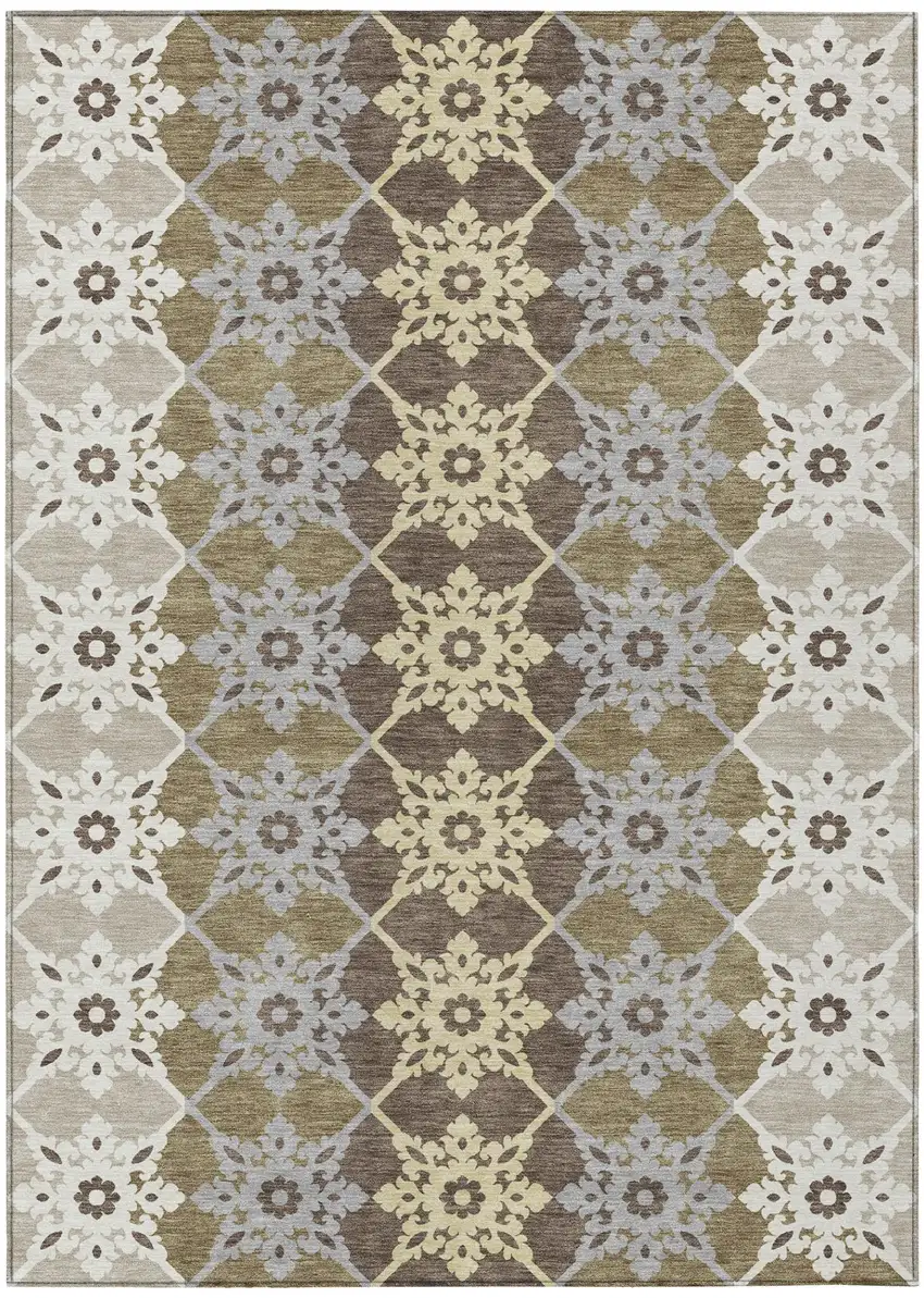 Brown And Pewter Floral Medallion Washable Indoor Outdoor Area Rug Photo 2