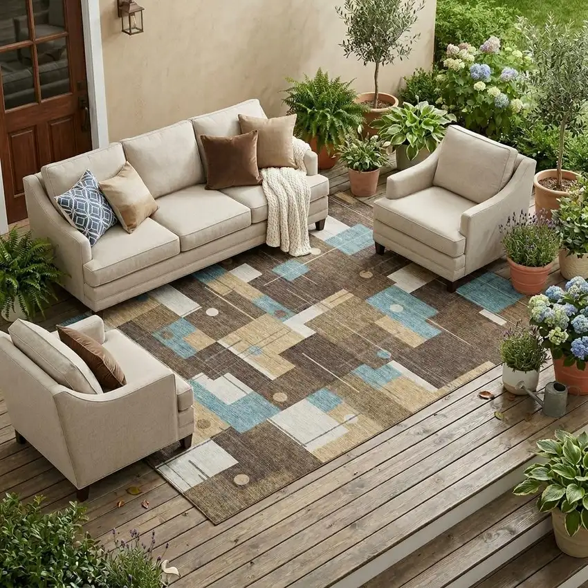 Brown And Pewter Geometric Washable Indoor Outdoor Area Rug Photo 1