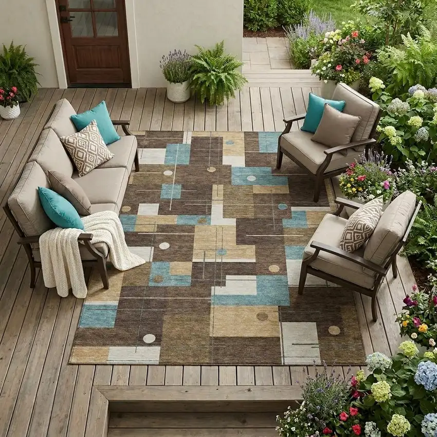Brown And Pewter Geometric Washable Indoor Outdoor Area Rug Photo 1