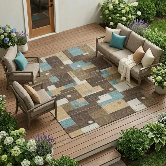 Brown And Pewter Geometric Washable Indoor Outdoor Area Rug Photo 1