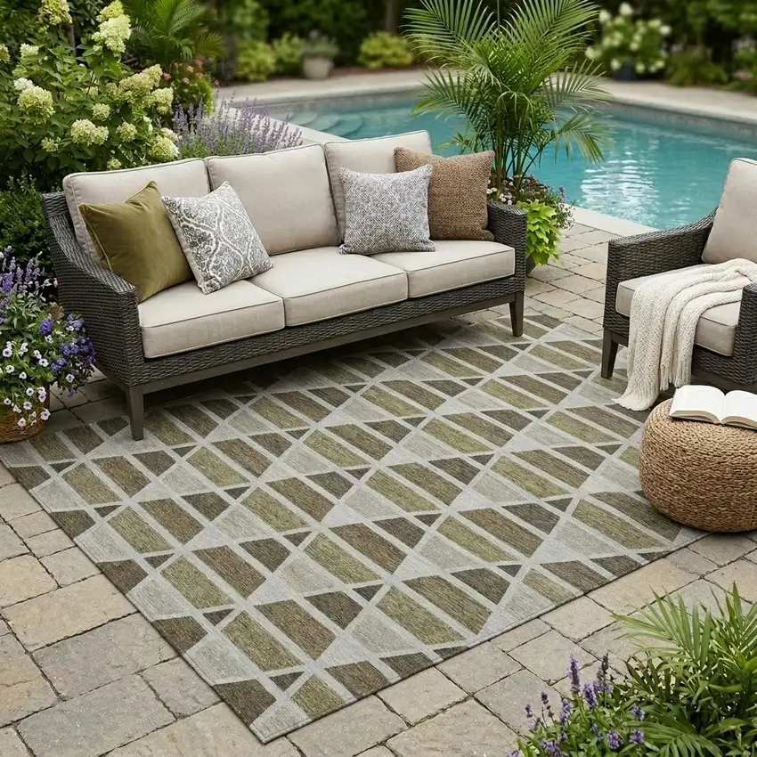 Brown And Pewter Geometric Washable Indoor Outdoor Area Rug Photo 1
