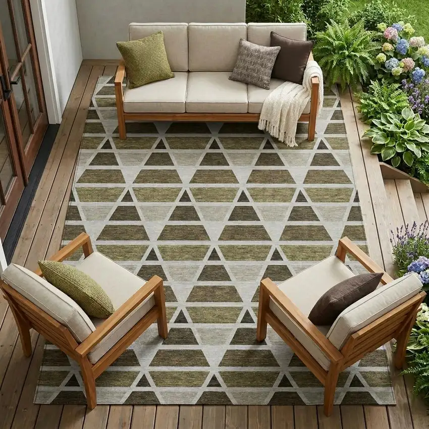 Brown And Pewter Geometric Washable Indoor Outdoor Area Rug Photo 1