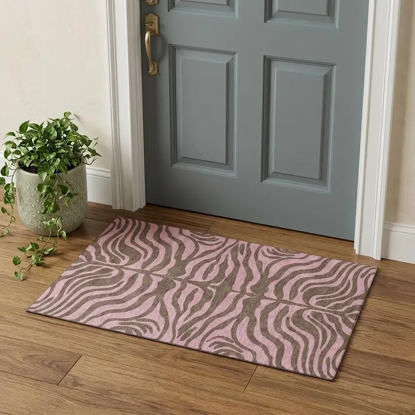 Brown And Pink Animal Print Washable Area Rug With UV Protection Photo 1