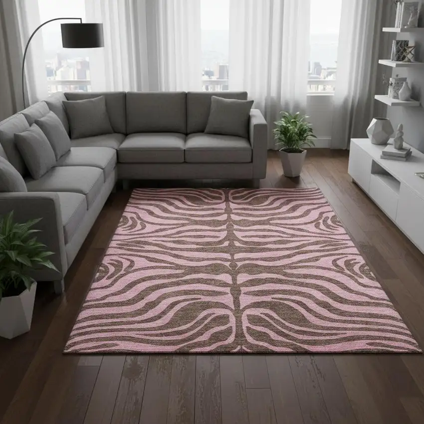 Brown And Pink Animal Print Washable Area Rug With UV Protection Photo 2