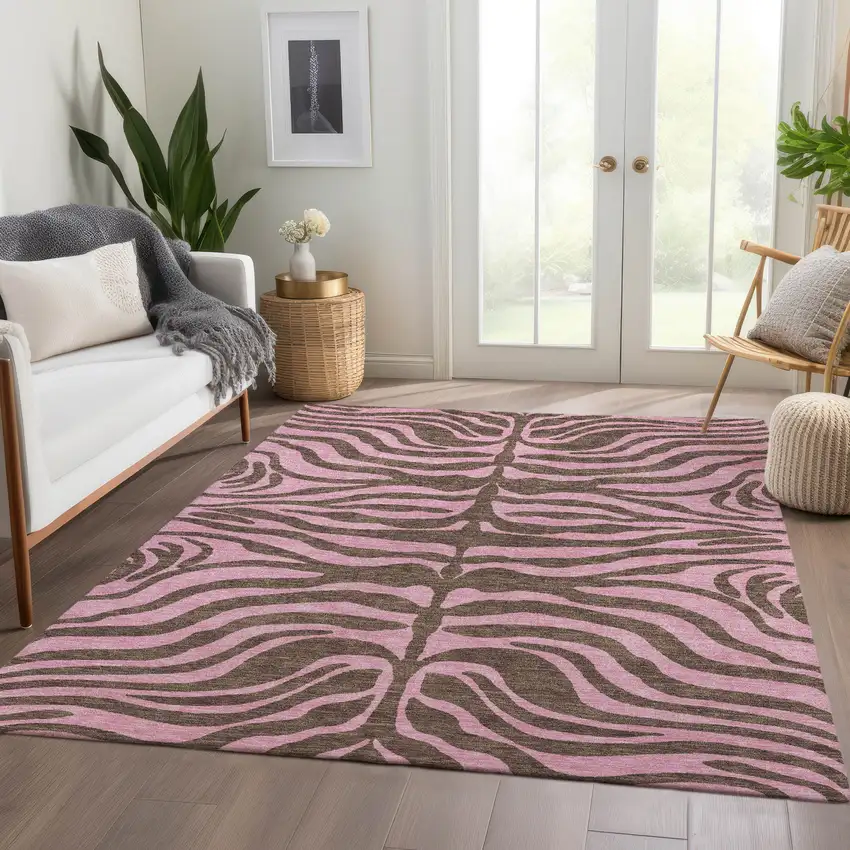 Brown And Pink Animal Print Washable Area Rug With UV Protection Photo 5