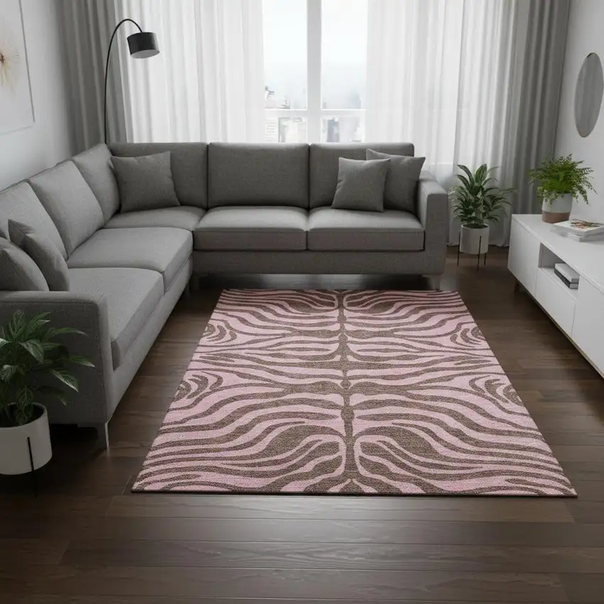 Brown And Pink Animal Print Washable Area Rug With UV Protection Photo 2