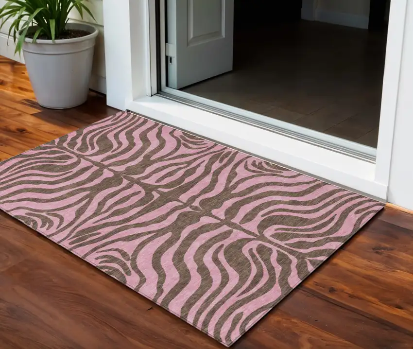 Brown And Pink Animal Print Washable Indoor Outdoor Area Rug Photo 1