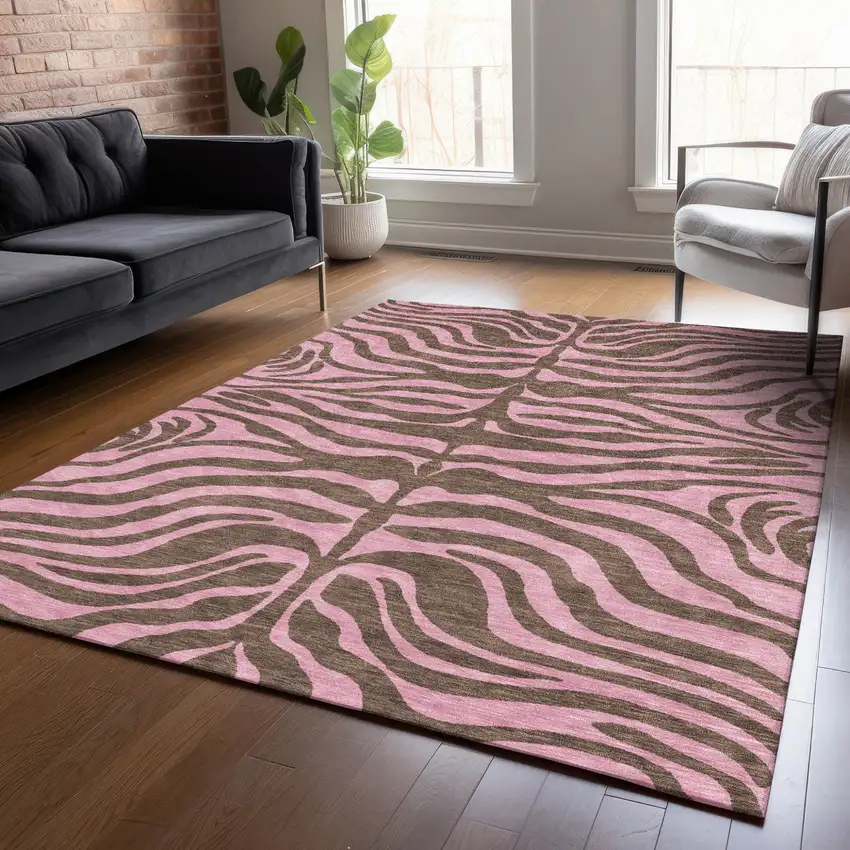 Brown And Pink Animal Print Washable Indoor Outdoor Area Rug Photo 8