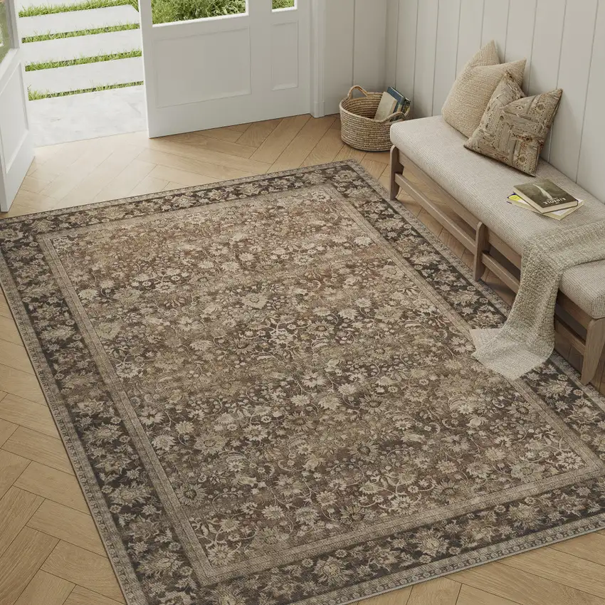 Brown Ivory And Tan Floral Medallion Washable Area Rug Photo 4