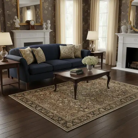 Brown Ivory And Tan Floral Medallion Washable Area Rug Photo 1